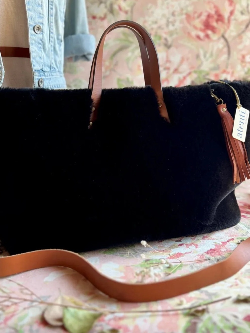 Black Faux Fur Tote with Brown Leather Handles by Afenil
